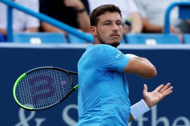 Pablo Carreno Busta of Spain plays a forehand during his match against Daniil Medvedev of Russia during Western & Southern Open - Day 6 at the...