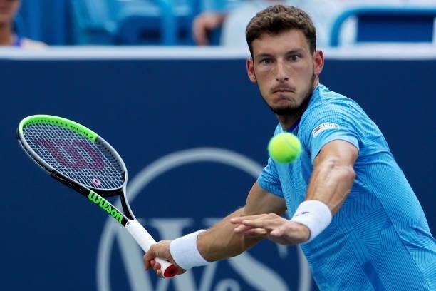Pablo Carreno Busta of Spain plays a forehand during his match against Daniil Medvedev of Russia during Western & Southern Open - Day 6 at the...