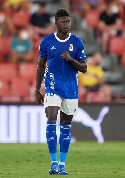 Samuel Obeng Gyabaa of Real Oviedo celebrates after scoring his team's first goal during the LaLiga Smartbank match between UD Almería and Real...