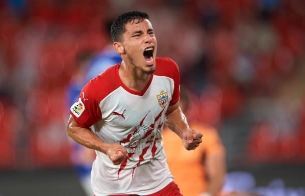 Lucas Robertone of UD Almeria celebrates after scoring his team's second goal during the LaLiga Smartbank match between UD Almería and Real Oviedo at...