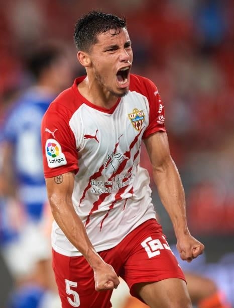 Lucas Robertone of UD Almeria celebrates after scoring his team's second goal during the LaLiga Smartbank match between UD Almería and Real Oviedo at...
