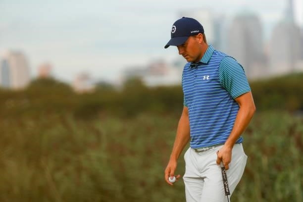 Jordan Spieth of the United States walks off the 14th hole during the second round of THE NORTHERN TRUST, the first event of the FedExCup Playoffs,...