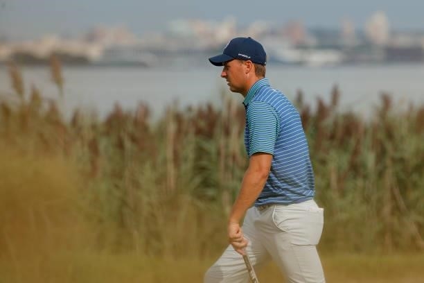 Jordan Spieth of the United States walks off the 14th green during the second round of THE NORTHERN TRUST, the first event of the FedExCup Playoffs,...
