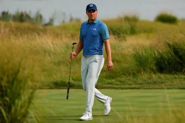 Jordan Spieth of the United States walks to the 14th green during the second round of THE NORTHERN TRUST, the first event of the FedExCup Playoffs,...