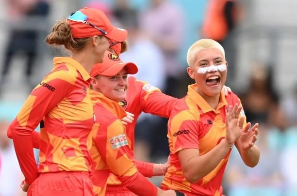 Issy Wong of Birmingham Phoenix celebrates after the dismissal of Georgia Adams during the Eliminator match of The Hundred between Oval Invincibles...