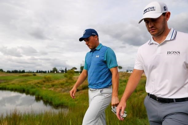 Jordan Spieth of the United States and Patrick Cantlay of the United States walk the 16th fairway during the second round of THE NORTHERN TRUST, the...