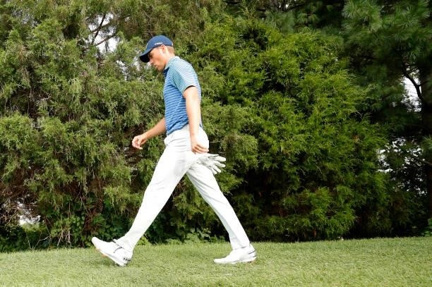 Jordan Spieth of the United States walks to the 16th tee during the second round of THE NORTHERN TRUST, the first event of the FedExCup Playoffs, at...