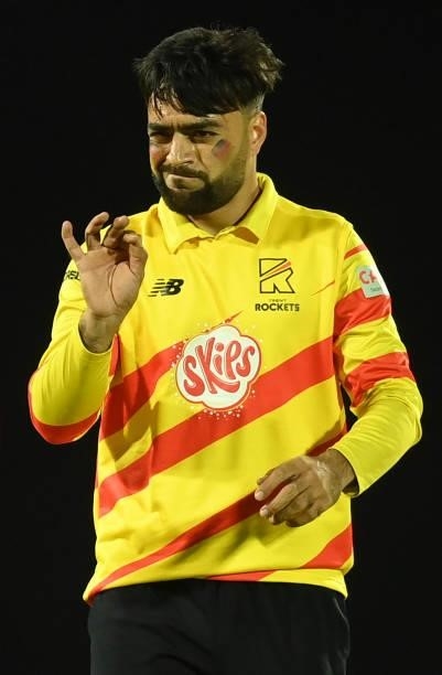 Rashid Khan of Trent Rockets looks on during the Eliminator match of The Hundred between Southern Brave Men and Trent Rockets Men at The Kia Oval on...