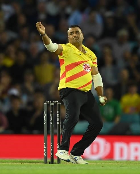 Samit Patel of Trent Rockets bowls during the Eliminator match of The Hundred between Southern Brave Men and Trent Rockets Men at The Kia Oval on...