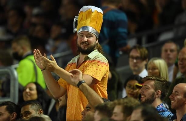 Man in fancy dress looks on during the Eliminator match of The Hundred between Southern Brave Men and Trent Rockets Men at The Kia Oval on August 20,...