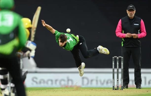 George Garton of Southern Brave bowls during the Eliminator match of The Hundred between Southern Brave Men and Trent Rockets Men at The Kia Oval on...