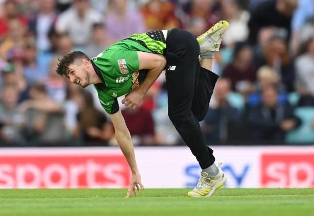 George Garton of Southern Brave bowls during the Eliminator match of The Hundred between Southern Brave Men and Trent Rockets Men at The Kia Oval on...