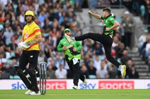 George Garton of Southern Brave celebrates after dismissing Dawid Malan of Trent Rockets during the Eliminator match of The Hundred between Southern...