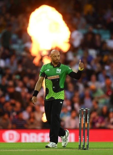Tymal Mills of Southern Brave gestures during the Eliminator match of The Hundred between Southern Brave Men and Trent Rockets Men at The Kia Oval on...