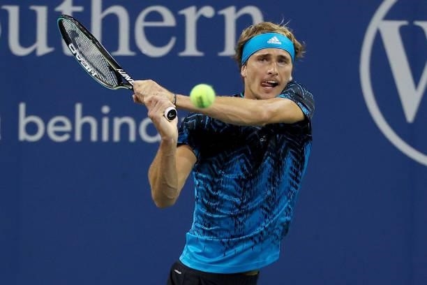 Alexander Zverev of Germany plays a backhand during his match against Casper Ruud of Norway during Western & Southern Open - Day 6 at the Lindner...