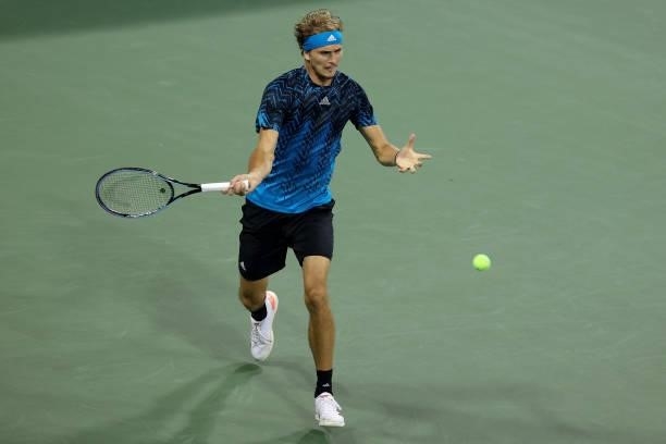 Alexander Zverev of Germany plays a forehand during his match against Casper Ruud of Norway during Western & Southern Open - Day 6 at the Lindner...