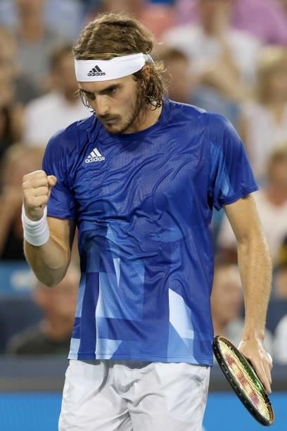 Stefanos Tsitsipas of Greece celebrates against Felix Auger-Aliassime of Canada during the Western & Southern Open at Lindner Family Tennis Center on...