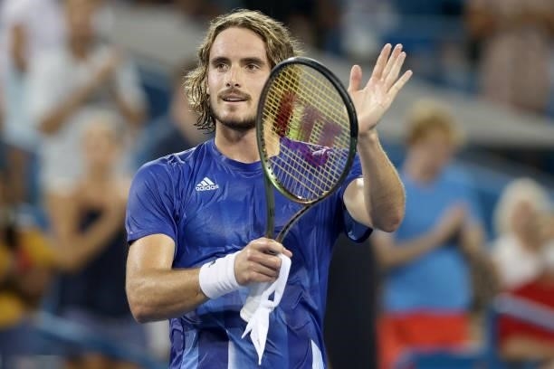 Stefanos Tsitsipas of Greece celebrates his win against Felix Auger-Aliassime of Canada during the Western & Southern Open at Lindner Family Tennis...