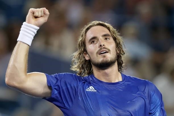 Stefanos Tsitsipas of Greece celebrates his win against Felix Auger-Aliassime of Canada during the Western & Southern Open at Lindner Family Tennis...