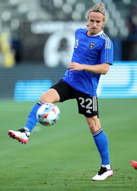 Tommy Thompson of San Jose Earthquakes warms up before a game against the Los Angeles Galaxy at Dignity Health Sports Park on August 20, 2021 in...