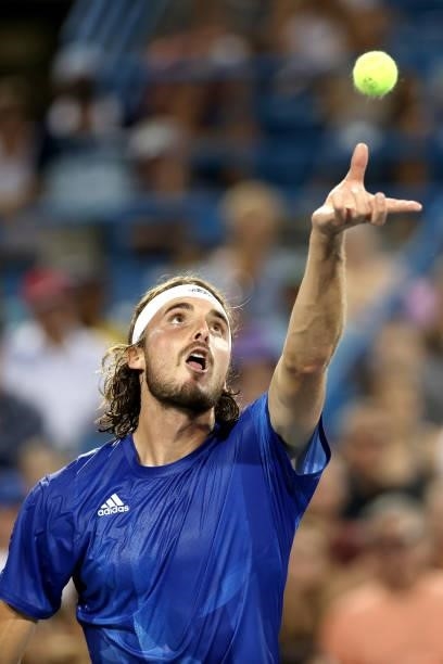 Stefanos Tsitsipas of Greece serves to Felix Auger-Aliassime of Canada during the Western & Southern Open at Lindner Family Tennis Center on August...