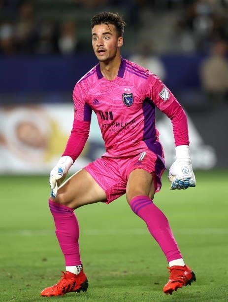 Marcinkowski of San Jose Earthquakes in goal against the Los Angeles Galaxy in the first half at Dignity Health Sports Park on August 20, 2021 in...