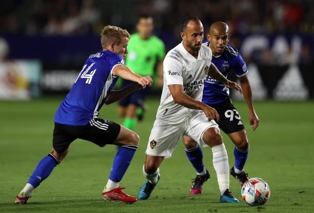 Victor Vazquez of Los Angeles Galaxy controls the ball against Jackson Yueill and Judson of San Jose Earthquakes in the second half at Dignity Health...