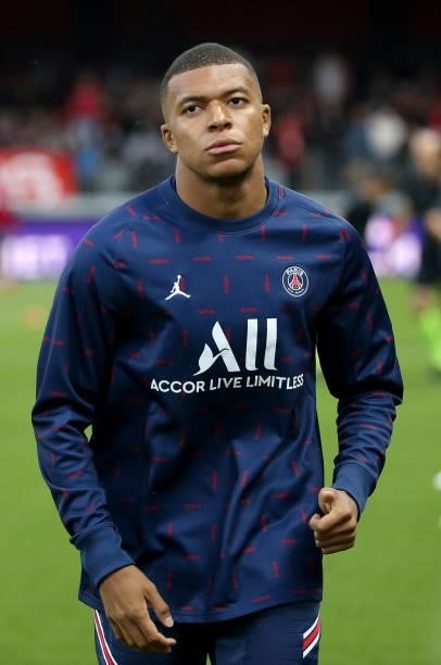 Kylian Mbappe of PSG during the Ligue 1 match between Stade Brestois 29 and Paris Saint-Germain at Stade Francis Le Ble on August 20, 2021 in Brest,...