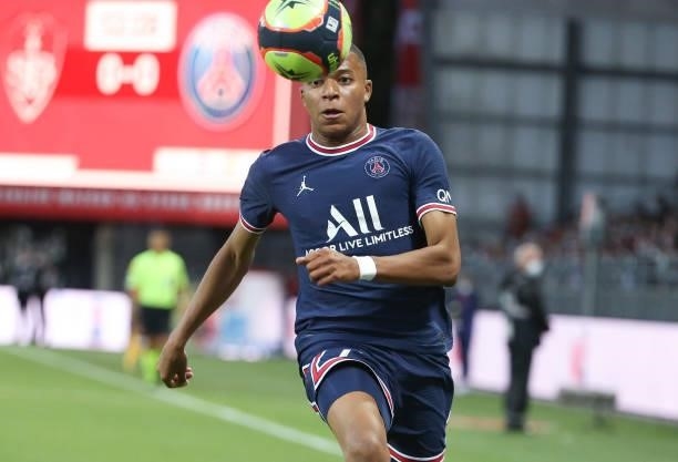 Kylian Mbappe of PSG during the Ligue 1 match between Stade Brestois 29 and Paris Saint-Germain at Stade Francis Le Ble on August 20, 2021 in Brest,...