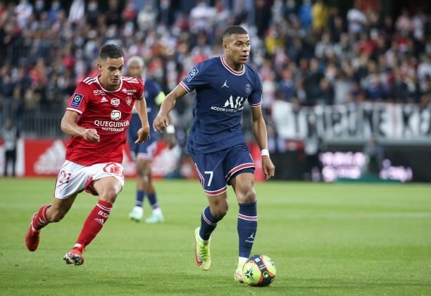 Kylian Mbappe of PSG, Romain Faivre of Brest during the Ligue 1 match between Stade Brestois 29 and Paris Saint-Germain at Stade Francis Le Ble on...