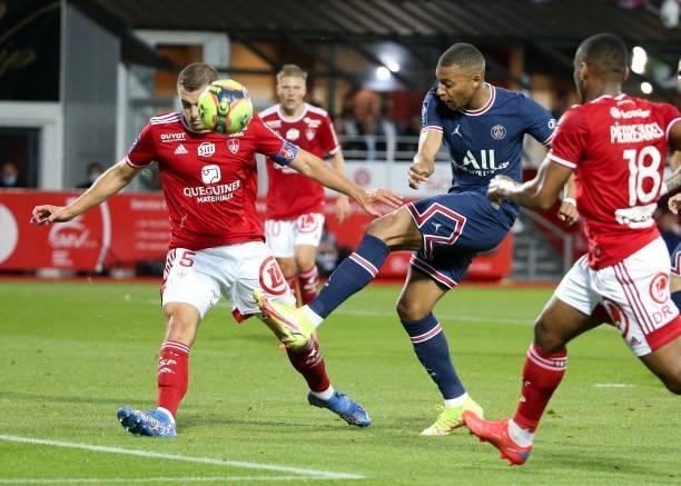 Kylian Mbappe of PSG, Brendan Chardonnet of Brest during the Ligue 1 match between Stade Brestois 29 and Paris Saint-Germain at Stade Francis Le Ble...