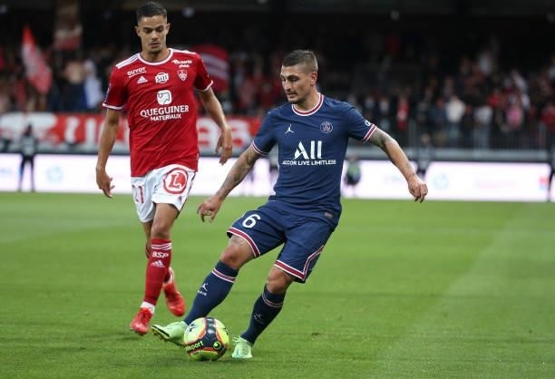 Marco Verratti of PSG during the Ligue 1 match between Stade Brestois 29 and Paris Saint-Germain at Stade Francis Le Ble on August 20, 2021 in Brest,...