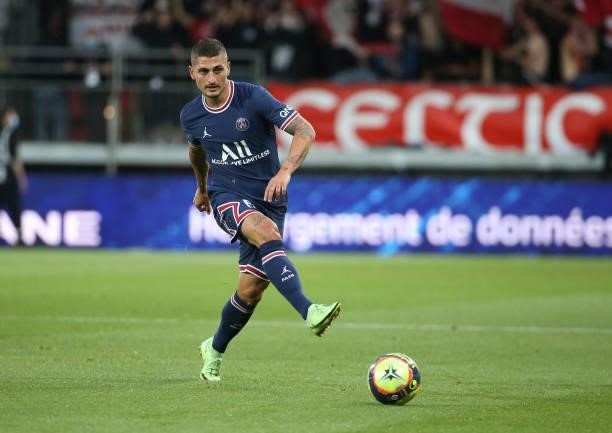 Marco Verratti of PSG during the Ligue 1 match between Stade Brestois 29 and Paris Saint-Germain at Stade Francis Le Ble on August 20, 2021 in Brest,...