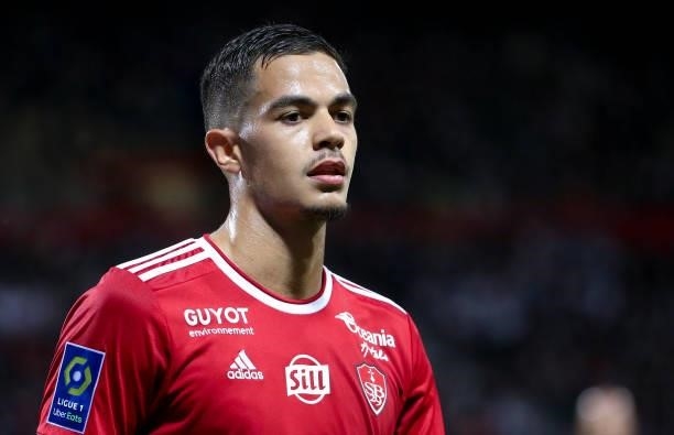 Romain Faivre of Brest during the Ligue 1 match between Stade Brestois 29 and Paris Saint-Germain at Stade Francis Le Ble on August 20, 2021 in...