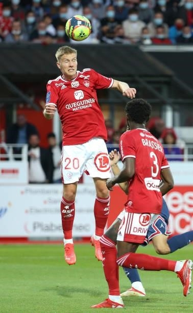 Jere Uronen of Brest during the Ligue 1 match between Stade Brestois 29 and Paris Saint-Germain at Stade Francis Le Ble on August 20, 2021 in Brest,...