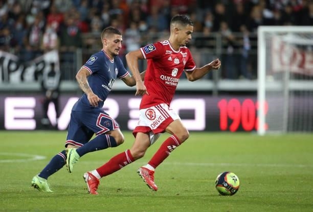 Romain Faivre of Brest, Marco Verratti of PSG during the Ligue 1 match between Stade Brestois 29 and Paris Saint-Germain at Stade Francis Le Ble on...