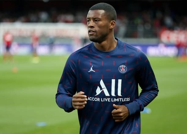 Georginio Wijnaldum of PSG during the Ligue 1 match between Stade Brestois 29 and Paris Saint-Germain at Stade Francis Le Ble on August 20, 2021 in...