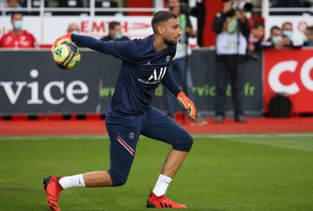 Goalkeeper of PSG Gianluigi Donnarumma warms up before the Ligue 1 match between Stade Brestois 29 and Paris Saint-Germain at Stade Francis Le Ble on...