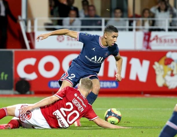 Achraf Hakimi of PSG during the Ligue 1 match between Stade Brestois 29 and Paris Saint-Germain at Stade Francis Le Ble on August 20, 2021 in Brest,...