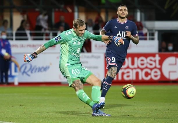Goalkeeper of Brest Marco Bizot during the Ligue 1 match between Stade Brestois 29 and Paris Saint-Germain at Stade Francis Le Ble on August 20, 2021...