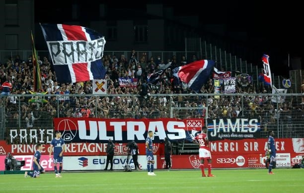 Supporters ultras of PSG during the Ligue 1 match between Stade Brestois 29 and Paris Saint-Germain at Stade Francis Le Ble on August 20, 2021 in...