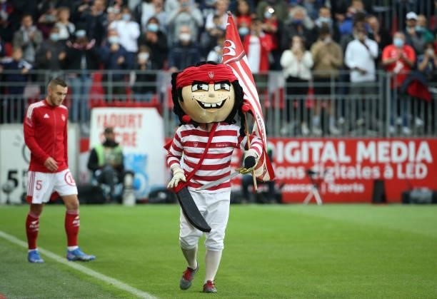 Mascot of Stade Brestois, Zef le Pirate, during the Ligue 1 match between Stade Brestois 29 and Paris Saint-Germain at Stade Francis Le Ble on August...