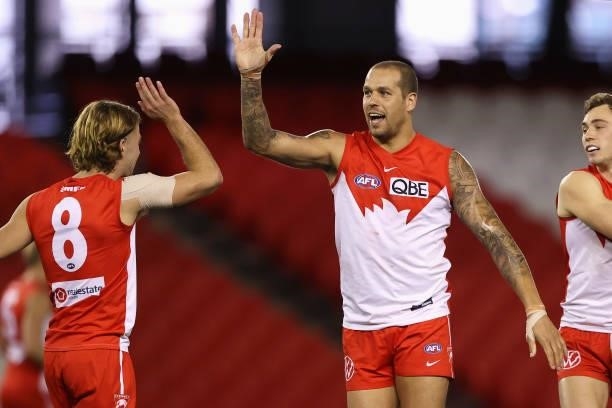 Lance Franklin of the Swans celebrates kicking a goal during the round 23 AFL match between Sydney Swans and Gold Coast Suns at Marvel Stadium on...