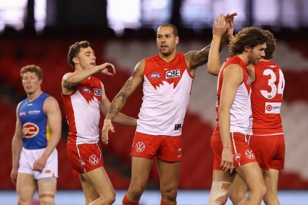 Lance Franklin of the Swans celebrates kicking a goal during the round 23 AFL match between Sydney Swans and Gold Coast Suns at Marvel Stadium on...