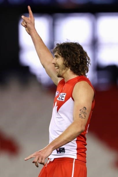 Tom Hickey of the Swans celebrates kicking a goal during the round 23 AFL match between Sydney Swans and Gold Coast Suns at Marvel Stadium on August...