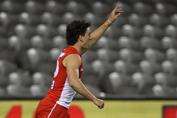Sam Wicks of the Swans celebrates kicking a goal during the round 23 AFL match between Sydney Swans and Gold Coast Suns at Marvel Stadium on August...