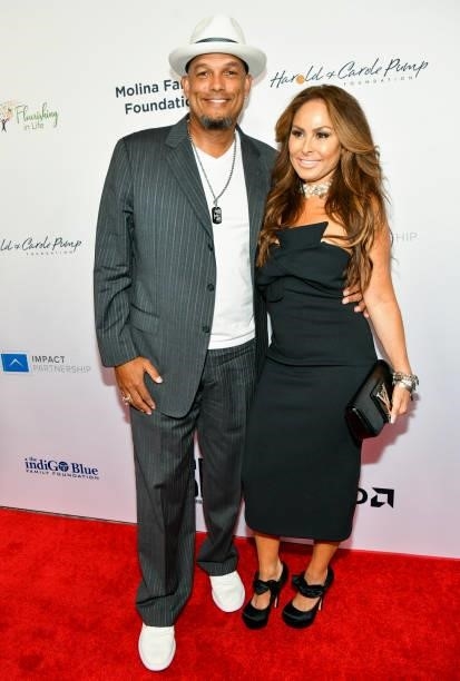 David Justice and Rebecca Villalobos attend the Harold and Carole Pump Foundation Gala at The Beverly Hilton on August 20, 2021 in Beverly Hills,...