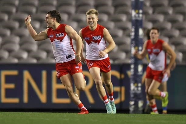 Tom Papley of the Swans celebrates kicking a goal during the round 23 AFL match between Sydney Swans and Gold Coast Suns at Marvel Stadium on August...