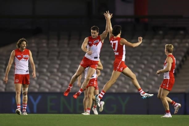 Tom Papley of the Swans celebrates kicking a goal during the round 23 AFL match between Sydney Swans and Gold Coast Suns at Marvel Stadium on August...