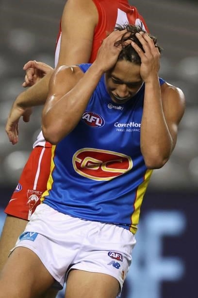 Alex Davies of the Suns reacts after an attempt on goal during the round 23 AFL match between Sydney Swans and Gold Coast Suns at Marvel Stadium on...